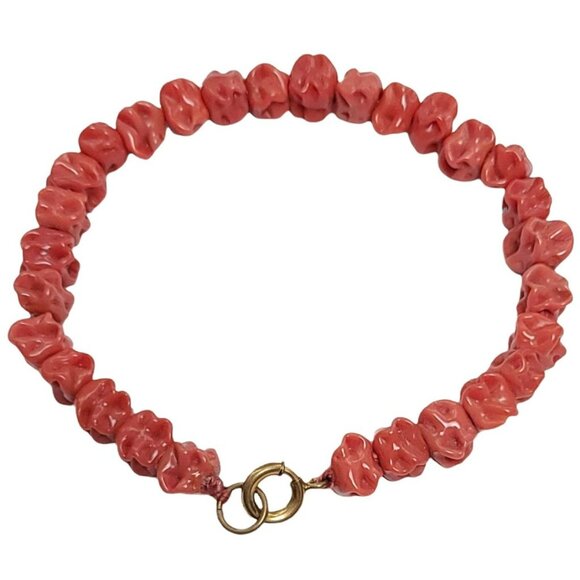 Chunky Coral-Colored Molded Glass Knotted Bead Thumb Clasp Bracelet - Picture 1 of 9
